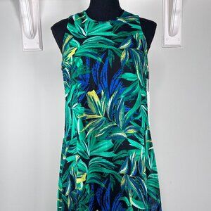 Calvin Klein A-Line Dress Women's 2 Crew Neck Blue Green Tropical Party NWT